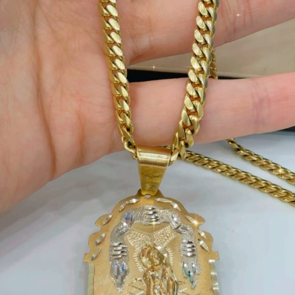Cadena Cuban Link Solida 5mm con dije de san lazaro casita 10k